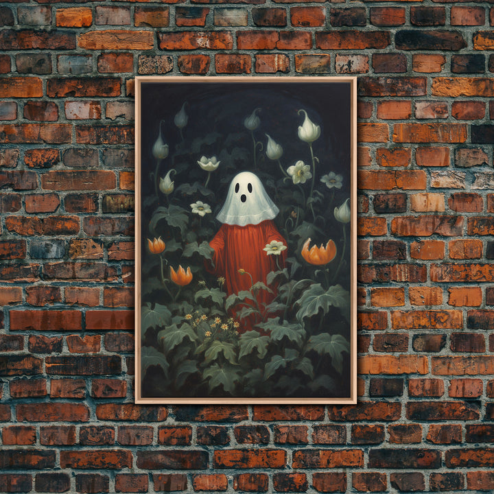 The Ghost In The Flower Garden, Halloween Canvas Print, Framed Canvas Art, Halloween Decor, Dark Academia, Horror Prints, Oil Painting