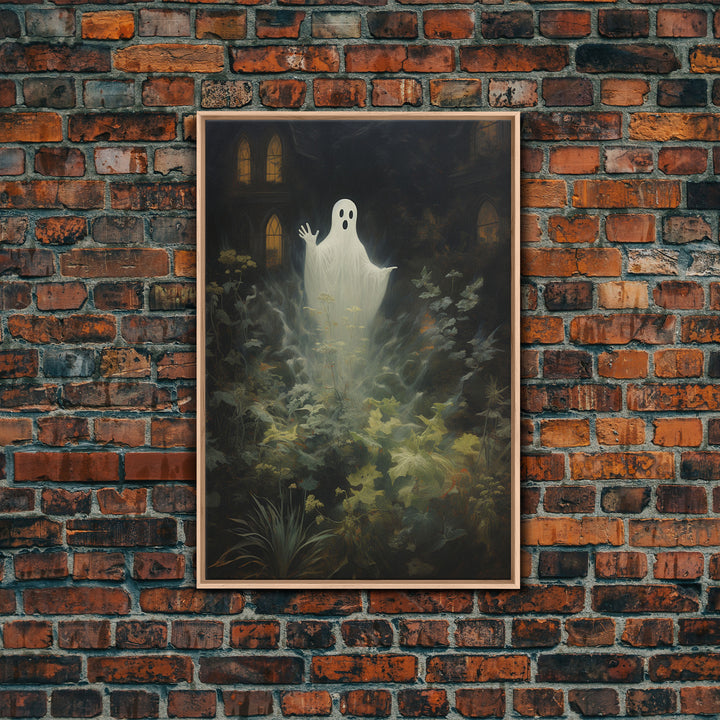 The Waving Ghost In The Garden, Halloween Canvas Print, Framed Canvas Art, Halloween Decor, Dark Academia, Horror Prints, Oil Painting