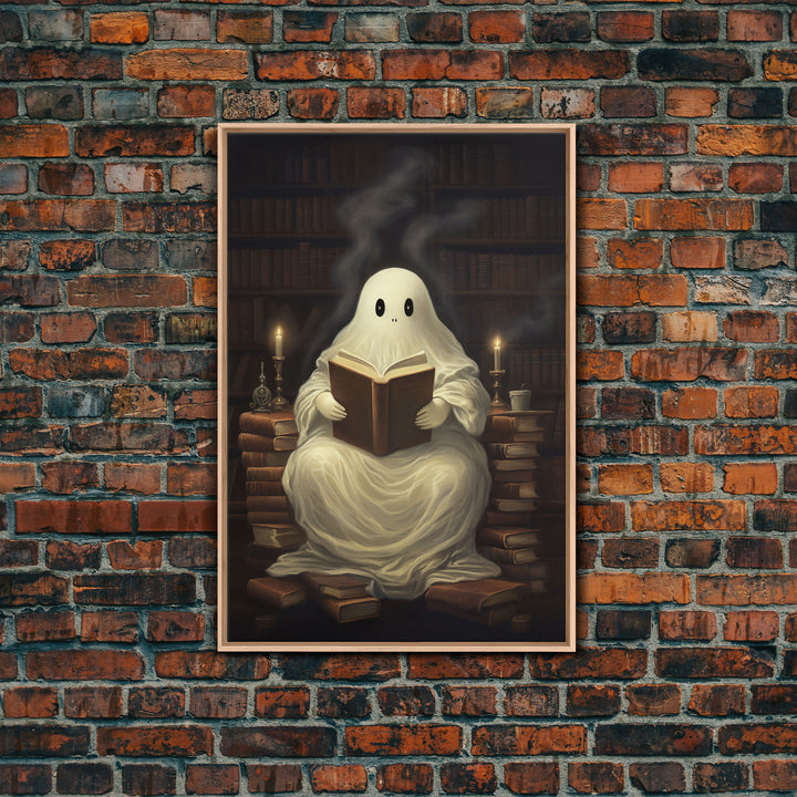 The Reading Ghost, Victorian Halloween Art, Funny Halloween, Framed Canvas, Halloween Canvas Art, Macabre Goth Art