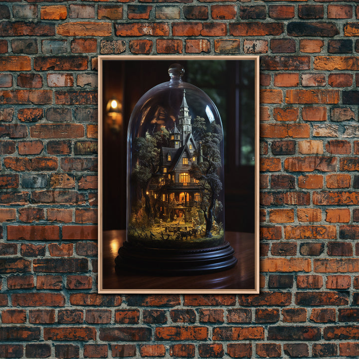 Halloween Snowglobe Art, Framed Canvas Print, Haunted Victorian Mansion In A Bubble, Tiny Worlds, Mini Worlds Art, Vintage Halloween Art