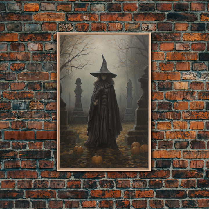 The Witch In The Cemetary, Vintage Halloween Witch Art, Halloween Canvas Printed / Framed Canvas, Witchy Decor, Witchcraft, Dark Academia