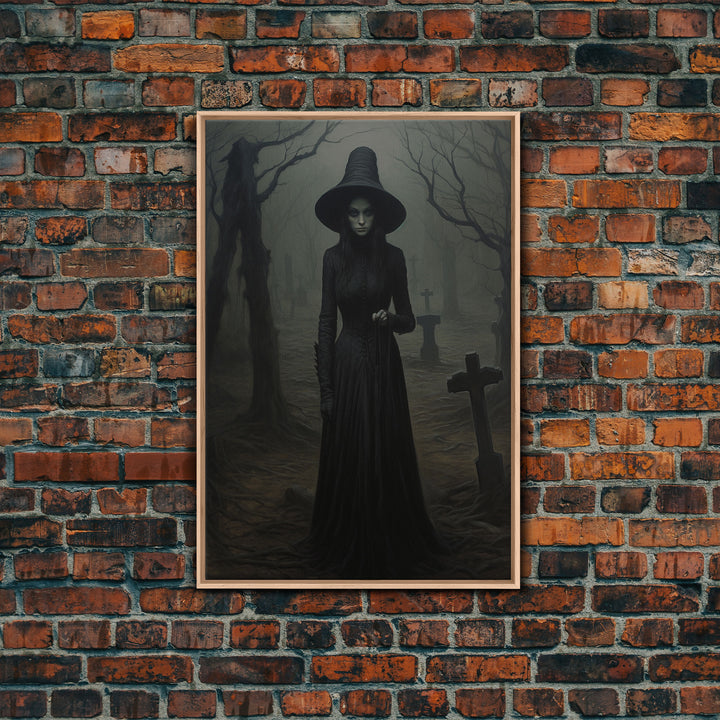 The Witch In The Cemetary, Vintage Halloween Witch Art, Halloween Canvas Printed / Framed Canvas, Witchy Decor, Witchcraft, Dark Academia