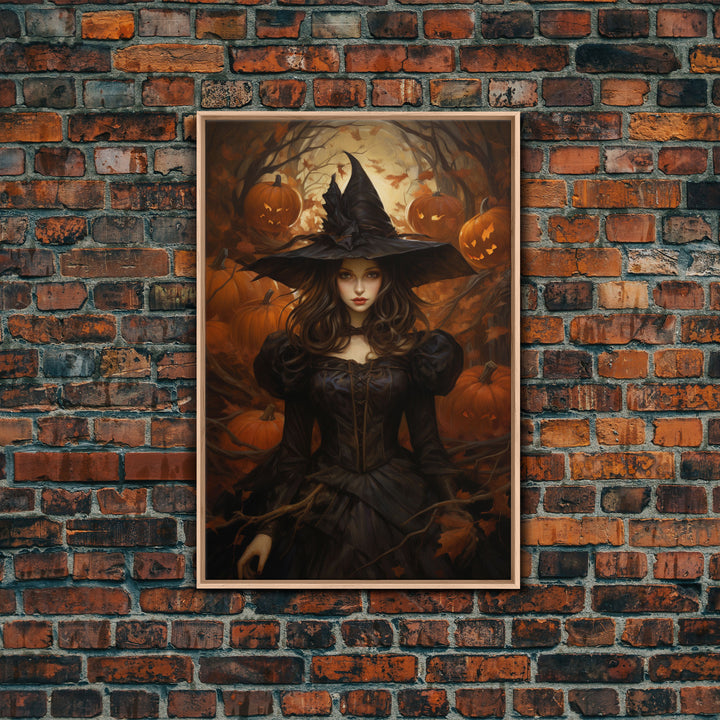 Beautiful Gothic Witch Art, Framed Halloween Canvas, Canvas Print, Spooky Halloween Wall Art, Halloween Deco, Witchy Art Pumpkin Patch Witch