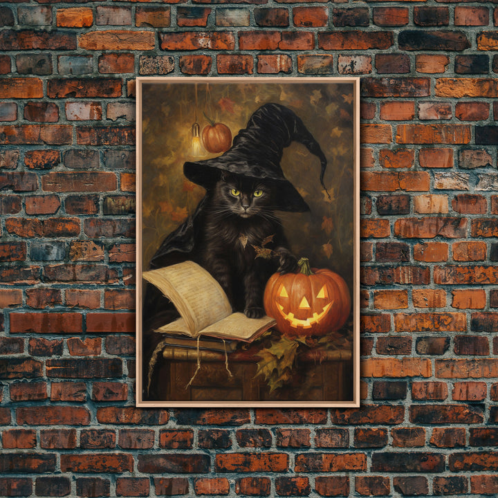 Cute Witch Cat Reading Her Book Of Spells, Vintage Halloween Art, Framed Canvas Print, Halloween Canvas Art, Witchcraft