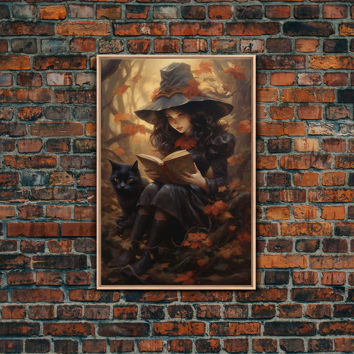 Cute Little Witch Reading Spells To Her Black Cat Familiar, Vintage Halloween Art, Framed Canvas Print, Halloween Canvas Art, Witchcraft