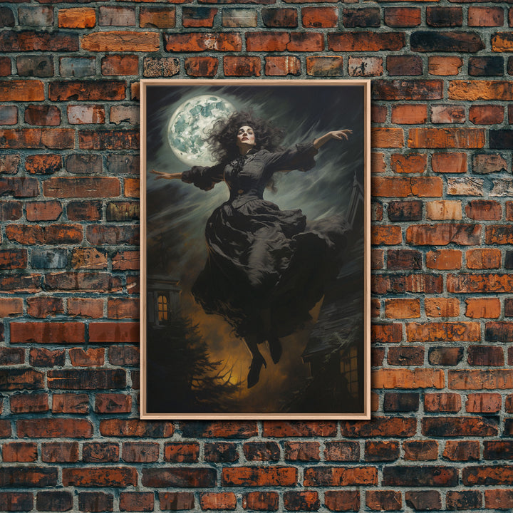 The Wicked Witch, Halloween Canvas, Framed Canvas Print, Spooky Gothic Oil Painting, Witch Flying Through The Air Against A Full Moon, Witch