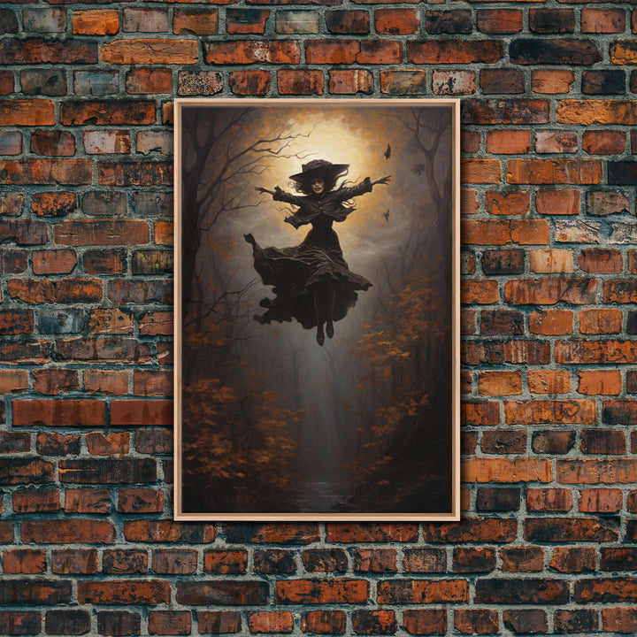 The Wicked Witch, Halloween Canvas, Framed Canvas Print, Spooky Gothic Oil Painting, Witch Flying Through The Air Against A Full Moon, Witch