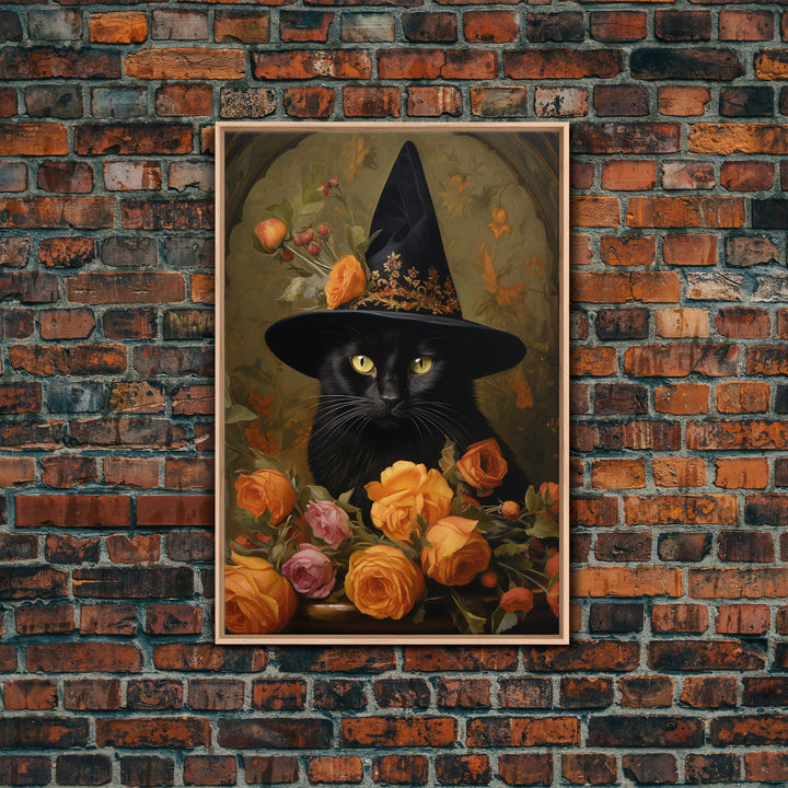 Cute Witch's Familiar Cat Halloween Art, Cat Witch, Cat Painting, Cute Cat Print, Halloween Decor, Black Cat Print, Framed Canvas / Canvas