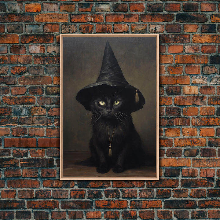 Cute Witch's Familiar Cat Halloween Art, Cat Witch, Cat Painting, Cute Cat Print, Halloween Decor, Black Cat Print, Framed Canvas / Canvas