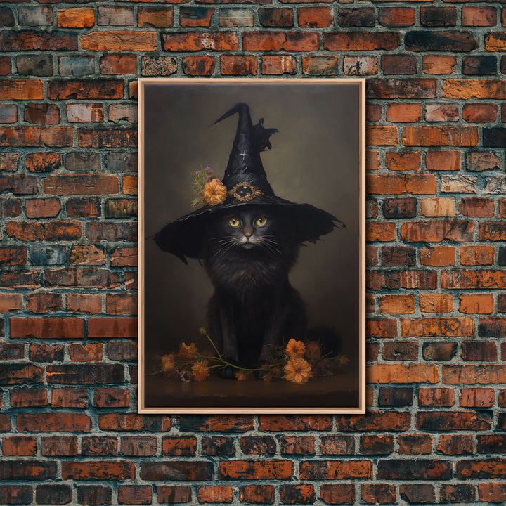 The Witch Cat With A Flower In Her Cap, Framed Canvas Print, Dark Academia Halloween Art, Victorian Cat Oil Painting, Goth Halloween Decor