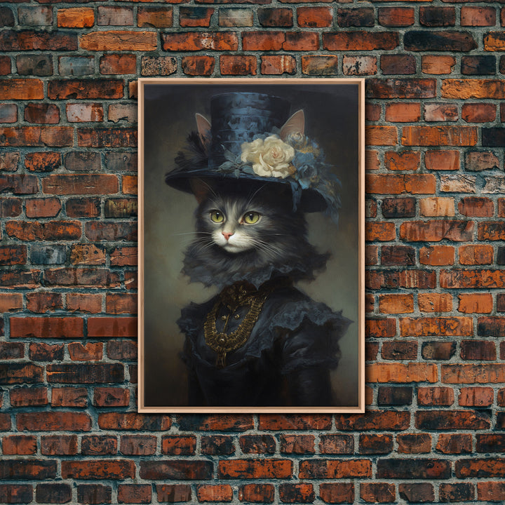 Victorian Cat Portrait, Framed Canvas Print, Oil Painting, Halloween Decor, Cute Halloween Wall Art, Funny Halloween Decor