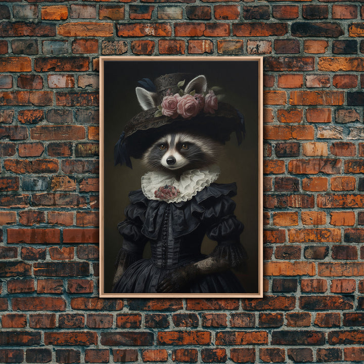 Fancy Victorian Lady Racoon, Framed Canvas Print Or Canvas, Victorian Animal Print Oil Painting, Funny Halloween Decor