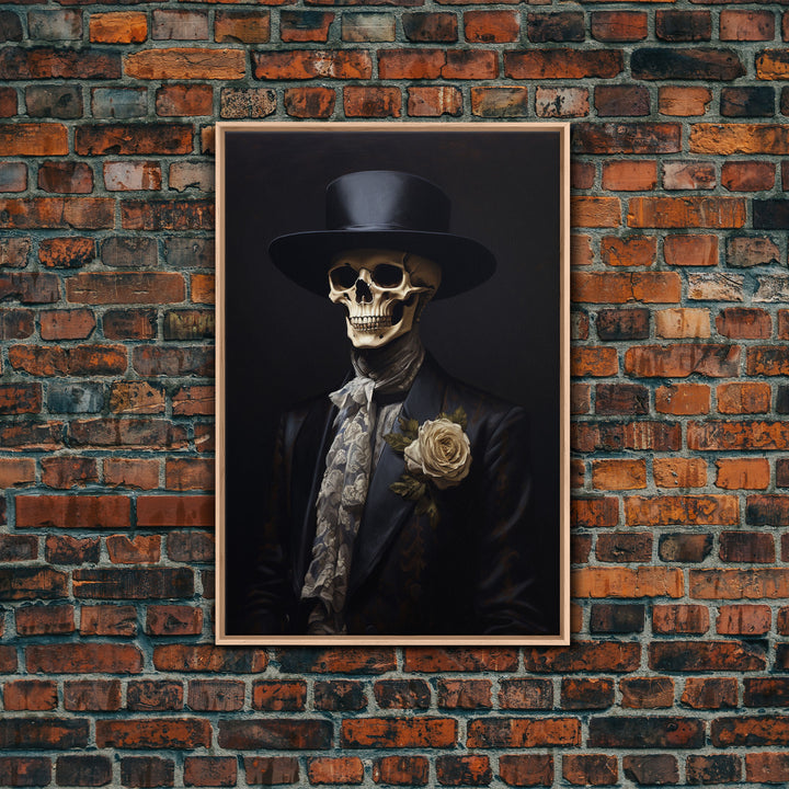 The Dapper Skeleton, Spooky Halloween Wall Art, Canvas Print, Framed Halloween Canvas Print, Dark Academia, Goth Art