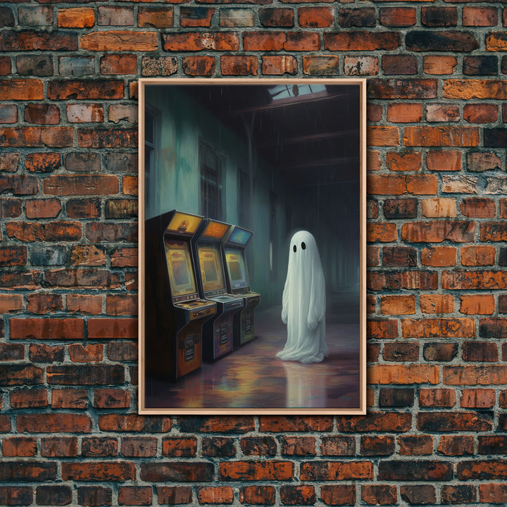 Ghost in an Abandoned Arcade, Nostalgia Canvas, Art Canvas Print, Dark Academia, Gothic Retro, Game Room Art, Halloween Decoration