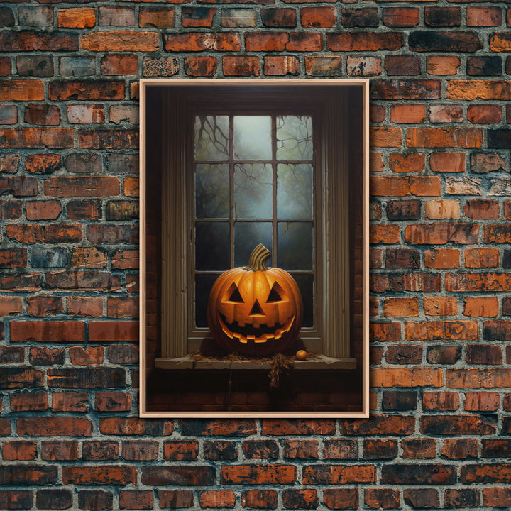 Spooky Jack O' Lantern In A Window Sill, Framed Canvas Print, Halloween Canvas, Halloween Art, Dark Academia, Art Canvas Print