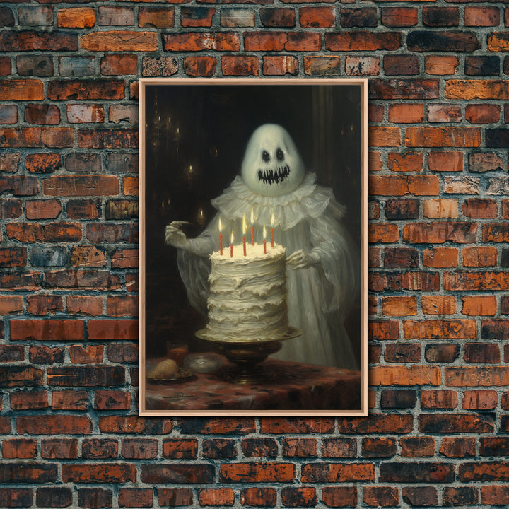 The Ghost And The Cake, Funny Halloween Art, Framed Canvas Print