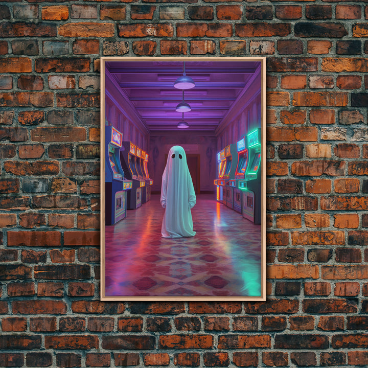 The Phantom Of The Arcade, Framed Canvas Print, Retro Vaporwave Halloween Mashup Art, Halloween Canvas Prints