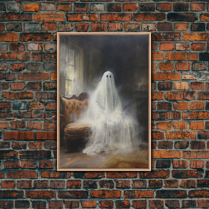 The Ghost Sits On The Sofa, Framed Canvas or Canvas Print, Gothic Victorian Halloween Painting, Cool Halloween Decor