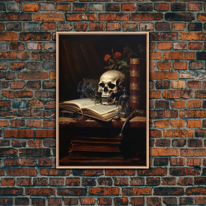 Victorian Book Shelf With Skull, Vintage Canvas, Art Canvas Print, Dark Academia, Gothic Victorian, Reading Gifts, Halloween Decoration