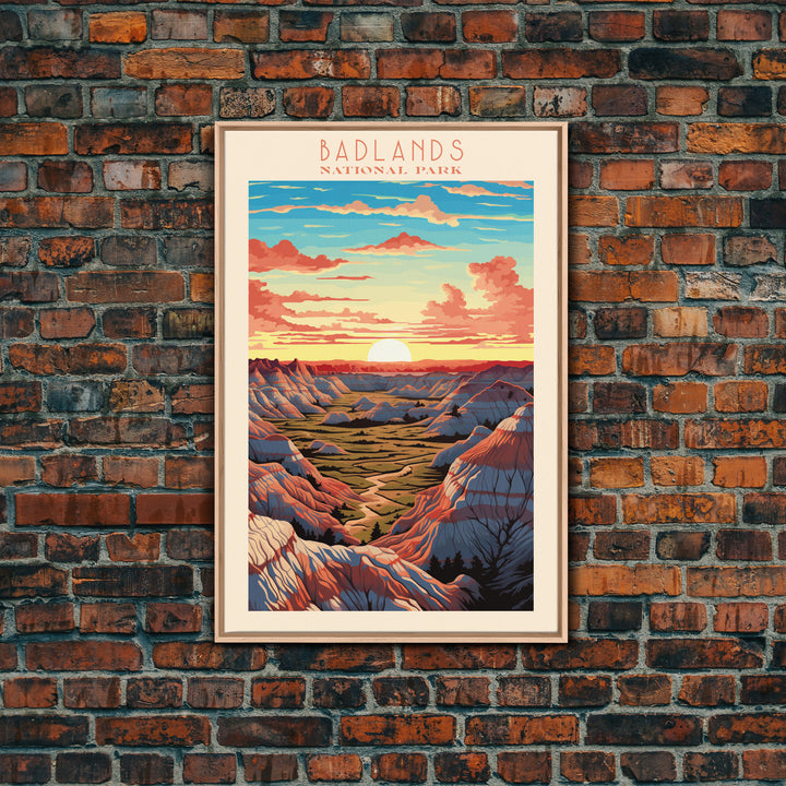 Badlands National Park, Framed Wall Art Canvas Print, Travel Poster, South Dakota Travel Art, Roadtrip Decor, Cool Art, Retro State Park Art