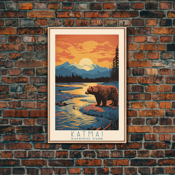 Katmai National Park Alaska Travel Art, National Park Print, Minimalist Travel Art, Midcentury Modern Style Landscape Painting