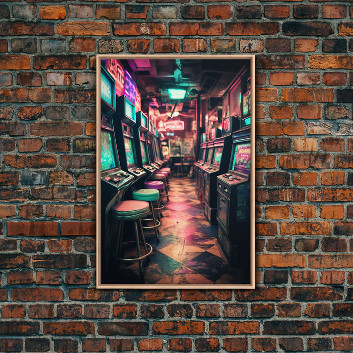 An Abandoned Game Room, Framed Canvas Print, Vaporwave Photography Fine Art Print, Aesthetic Decor, Colorful Art, Arcade Room Art