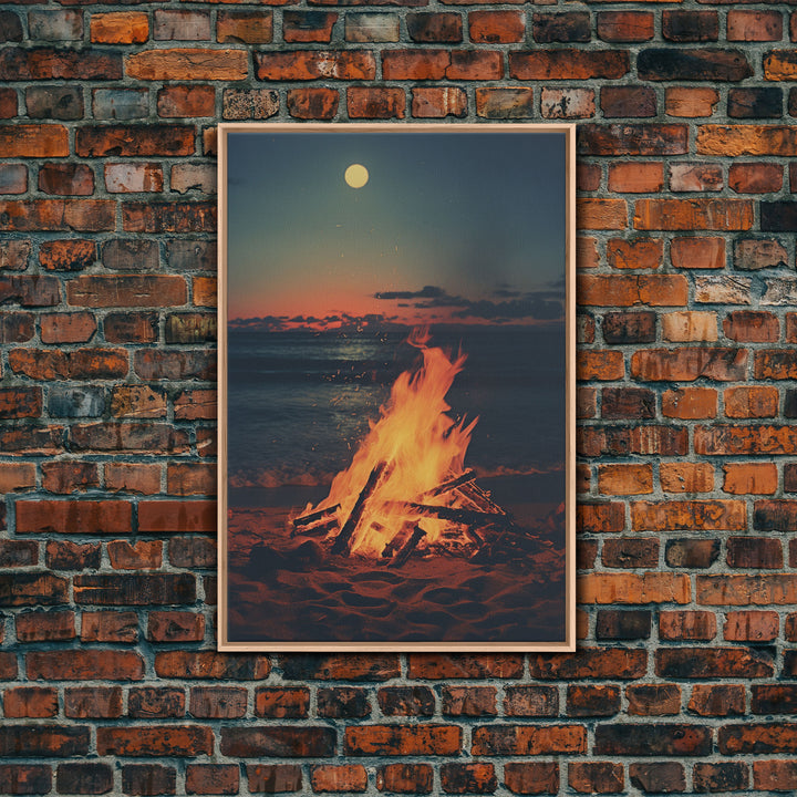 Beach Campfire Under A Full Moon, Photography Print, Framed Canvas Print, Beach House Decor, Coastal Decor, Beach Print, Beach Art