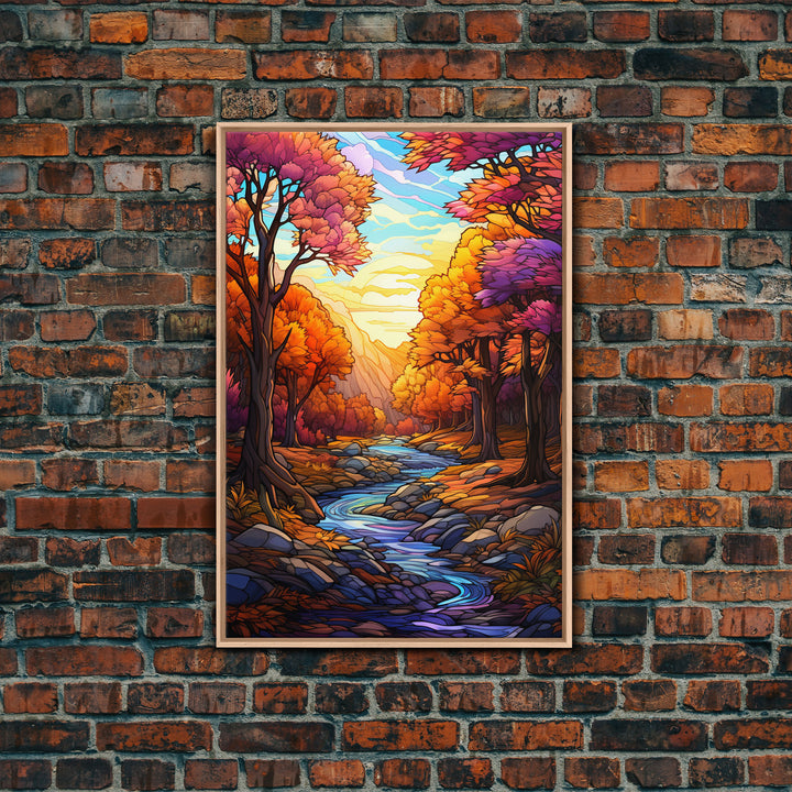 Beautiful Fall Decor, Framed Canvas Print, Mosaic / Stained Glass Style Painting, Gliclee Print, Autumn Decor, Thanksgiving Decorations