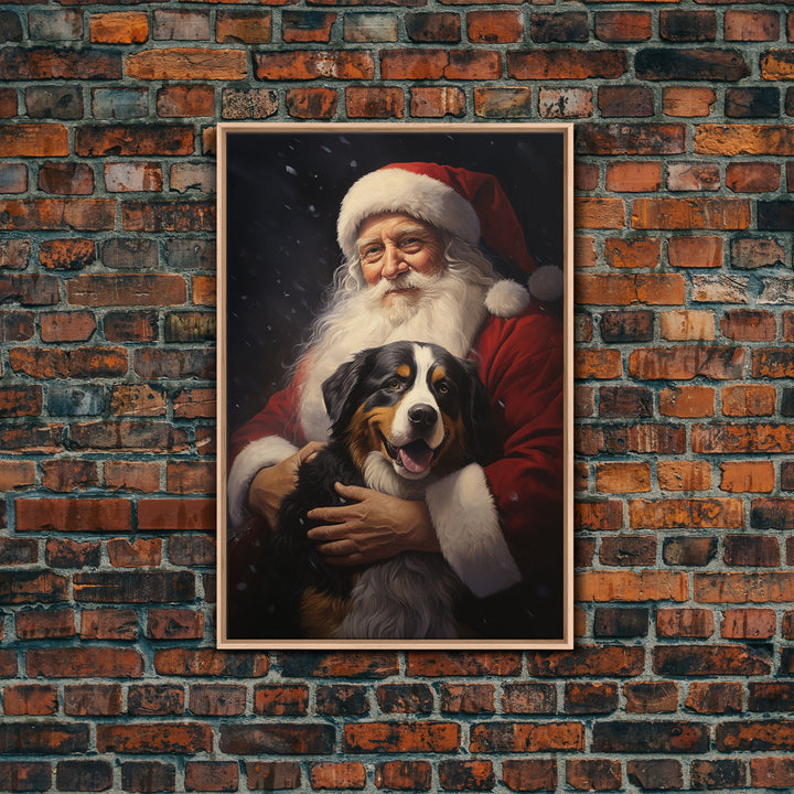 Santa Claus and his Bernese Mountain Dog, Cute Dog Art, Framed Canvas Print, Christmas Art, Christmas Decor, Christmas Art Print, Cute Dog