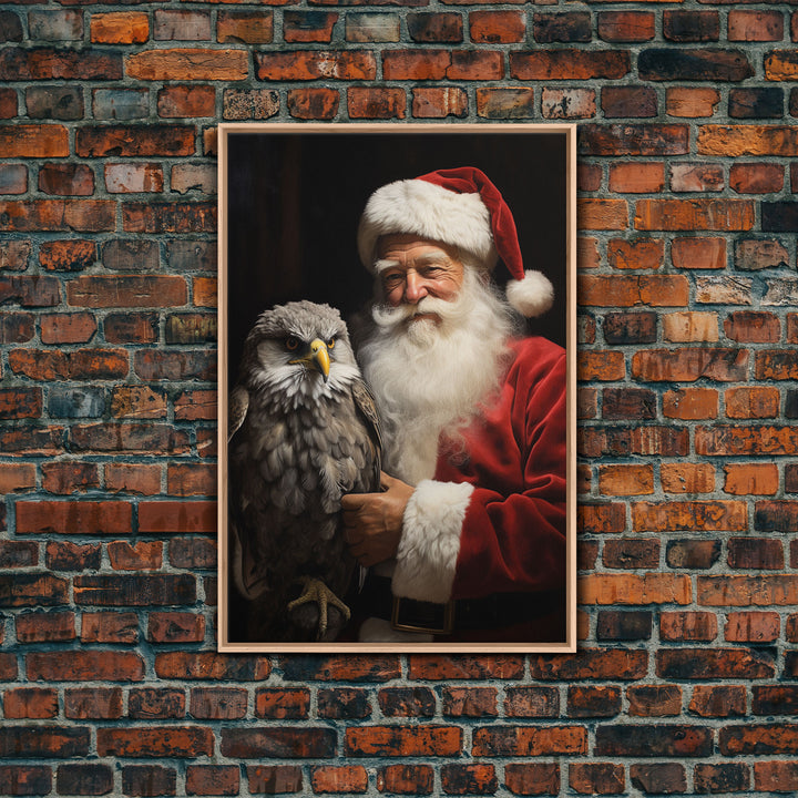 Santa Holding An Eagle, Framed Canvas Print, Christmas Wall Art, Xmas Art, Christmas Art Print, Santa Decor, Farmhouse Christmas Eagle Print