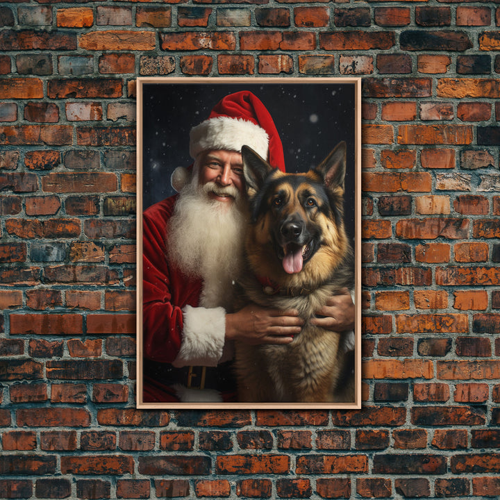 Santa Holding A German Shepherd, Framed Canvas Print, Christmas Wall Art, Xmas Art, Christmas Art Print, Santa Decor, Farmhouse Christmas