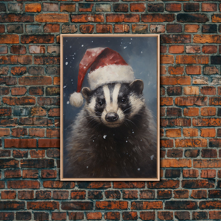 Cute Christmas Badger In A Santa Hat, Framed Canvas Print, Christmas Art, Christmas Decor, Christmas Art Print, Christmas Wall Art