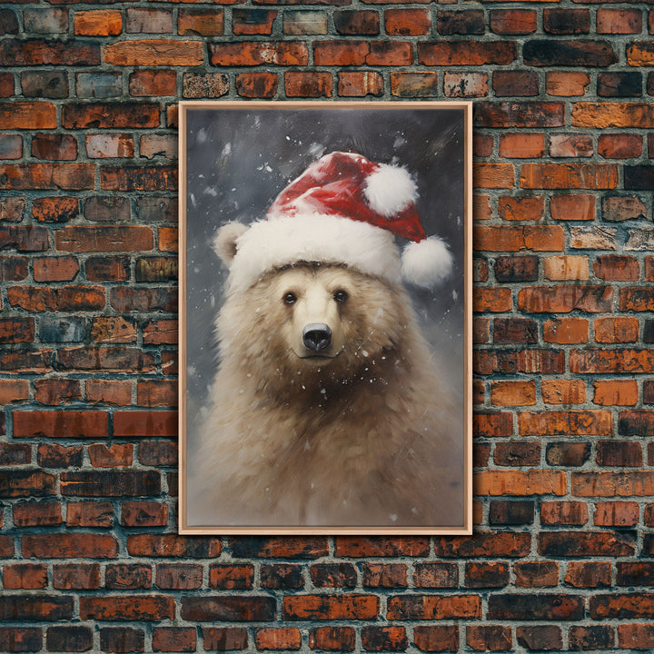 Cute Christmas Bear In A Santa Hat, Christmas Art, Christmas Decor, Christmas Wall Art, Christmas Painting, Vintage Christmas