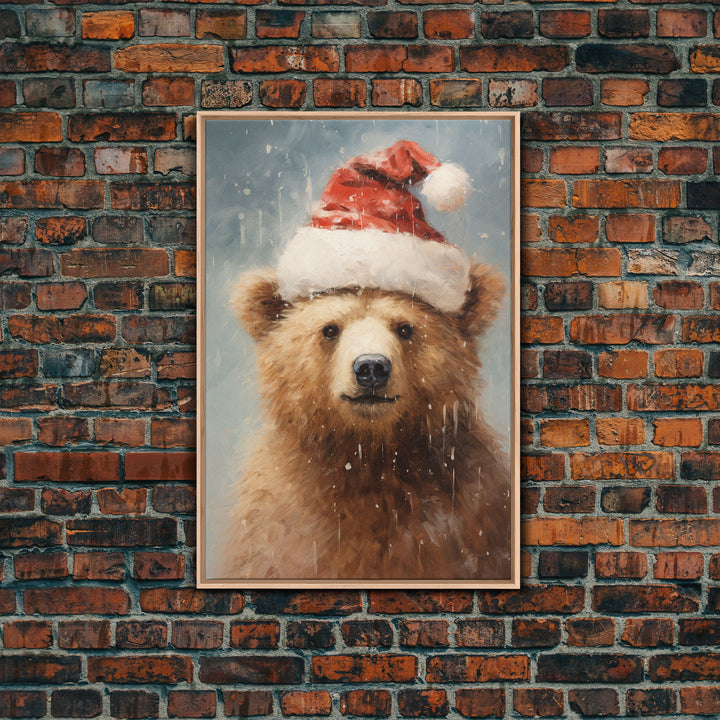 Cute Christmas Bear In A Santa Hat, Framed Canvas Print, Christmas Art, Christmas Decor, Christmas Art Print, Christmas Wall Art