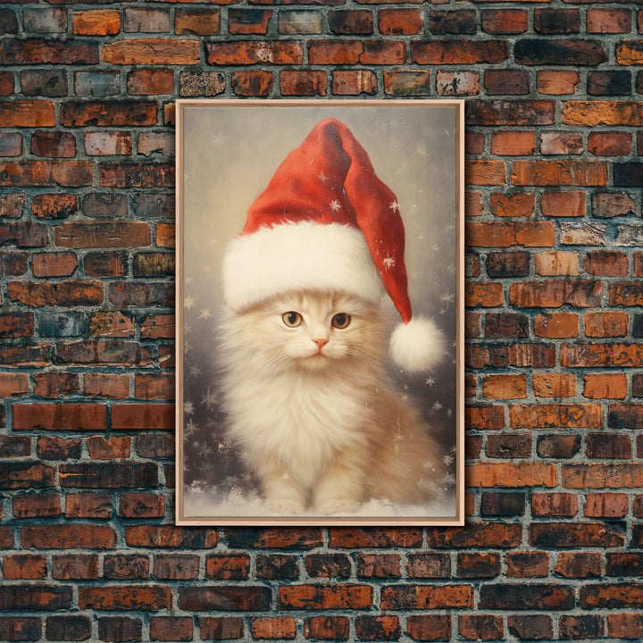 Cute White Kitten In A Christmas Hat, Farmhouse Christmas, Farmhouse Decor, Framed Canvas Print Seasonal Wall Art Winter Decor Christmas Art