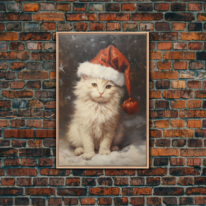 Christmas Cat In A Christmas Hat, Farmhouse Christmas, Farmhouse Decor, Framed Canvas Print, Seasonal Wall Art, Winter Decor, Christmas Art