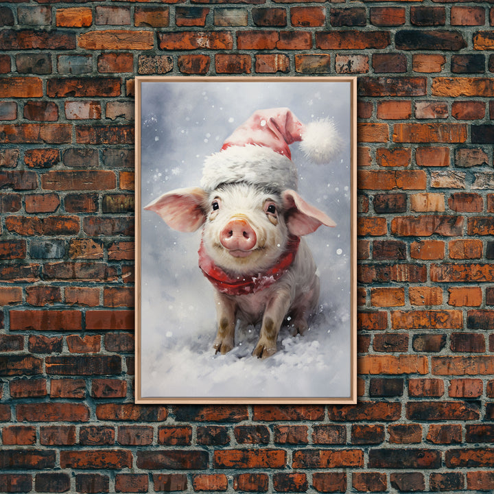 Cute Christmas Pig In A Santa Hat, Christmas Art, Christmas Decor, Christmas Wall Art, Farmhouse Christmas, Vintage Christmas, Pig Print