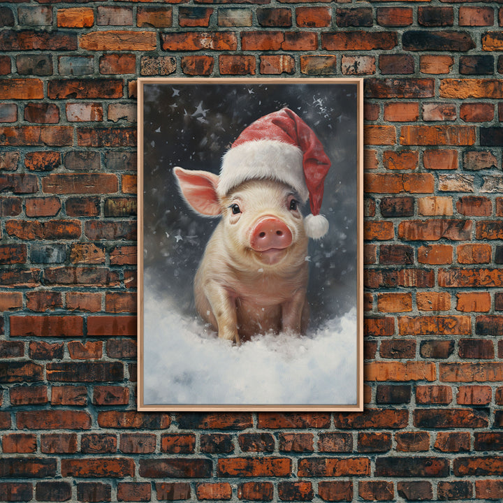 Cute Christmas Pig In A Santa Hat, Christmas Art, Christmas Decor, Christmas Wall Art, Farmhouse Christmas, Vintage Christmas, Pig Print