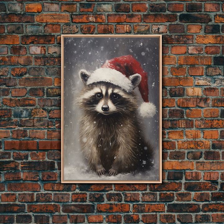 Cute Christmas Raccoon In A Santa Hat, Christmas Art, Christmas Decor, Christmas Wall Art, Farmhouse Christmas, Vintage Christmas Raccoon