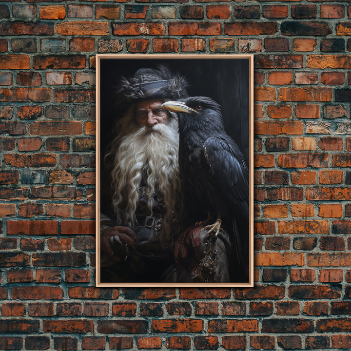 Gothic Santa and his Raven, Framed Canvas Print, Christmas Decor, Farmhouse Christmas, Gothic Christmas, Santa Art Print, Crow Print