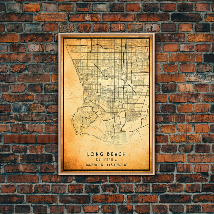 Long Beach map print poster or framed canvas | California map print poster canvas | Long Beach city map print poster canvas, distressed map