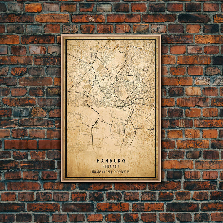 Old Hamburg Germany City Map Wall Art Canvas Print, Vintage Style Hamburg Map, Framed Wall Art, Cool Hamburg Wall Art, Office Art