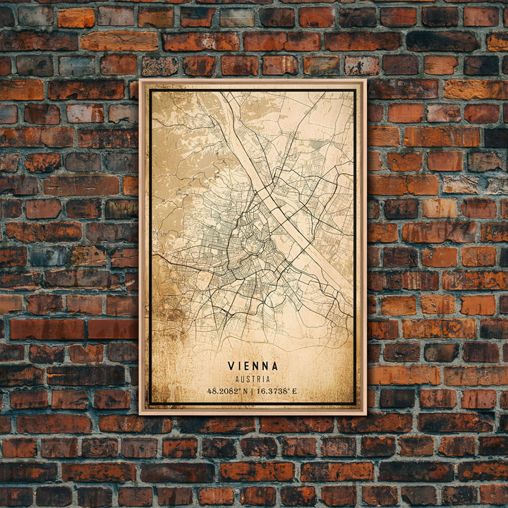 Vintage Vienna City Map Wall Art Canvas Print, Distressed Style Vienna Austria Map, Framed Wall Art, Cool Vienna Travel Wall Art, Office Art