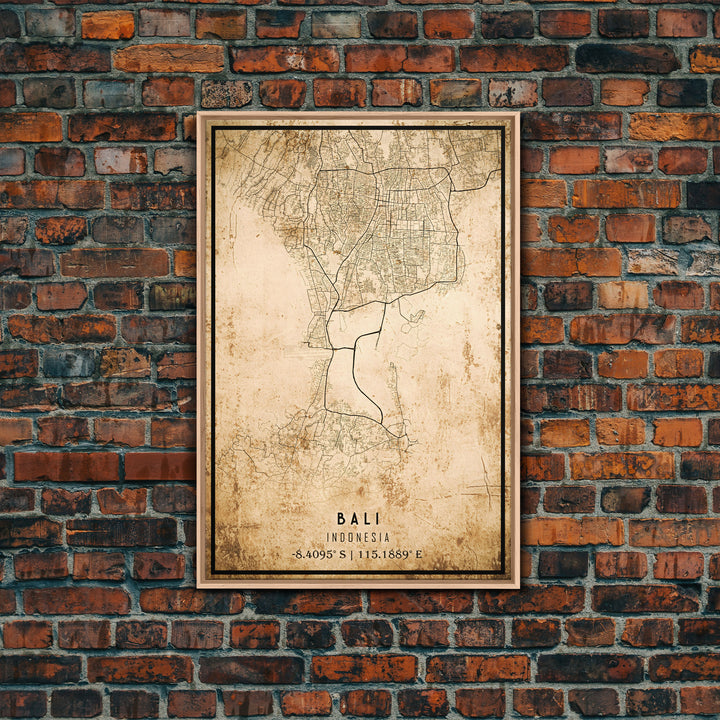 Vintage Bali Indonesia City Map Wall Art Canvas Print, Distressed Style Bali Map, Framed Wall Art, Cool Bali Travel Wall Art, Office Art