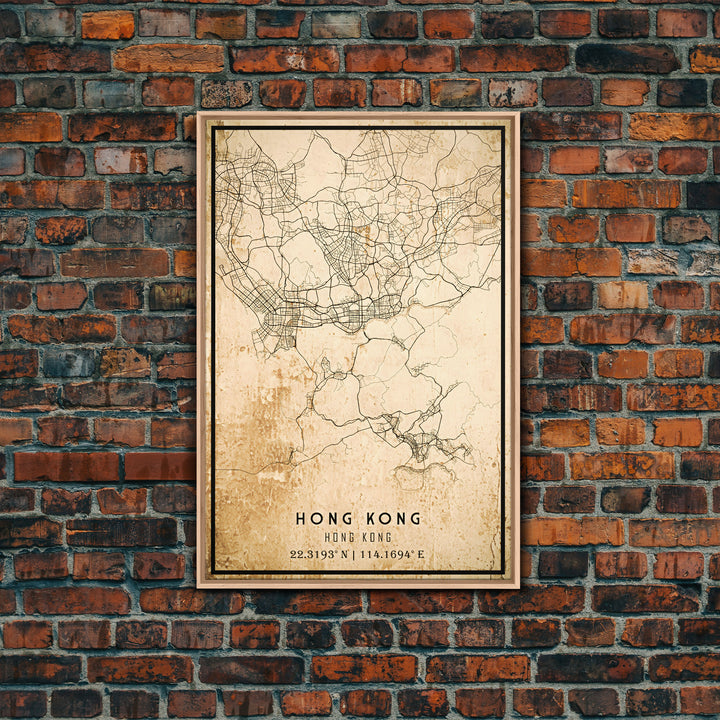 Vintage Hong Kong City Map Wall Art Canvas Print, Distressed Hong Kong Map, Framed Wall Art, Cool Hong Kong Travel Wall Art, Office Art