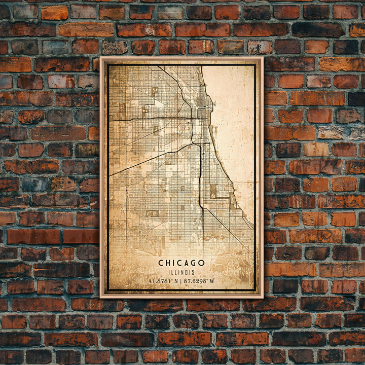 Distressed Chicago map print poster or framed canvas, Illinois road map print poster canvas, Chicago city map print poster canvas