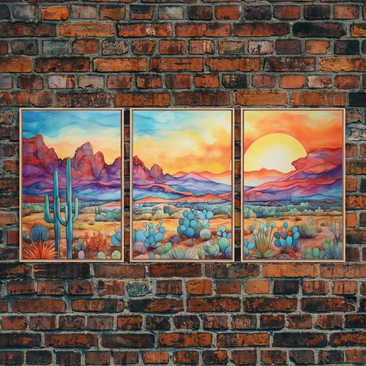 Southwestern Room Decor, Retro Desert Art, Set Of 3, Framed Canvas Prints, Wall Decor, Nursery Decor, Living Room Decor, Home Decor