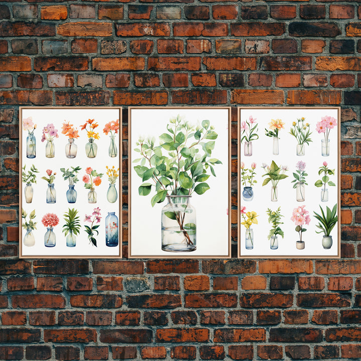 3 Piece Set, Cute Kawaii Floral Print, Flowers In Vases, Framed Wall Art, Canvas Print, Botanical Wall Decor, Dried Flower Large Art