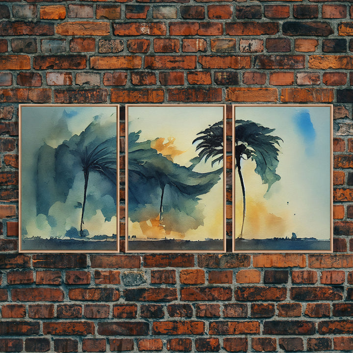 Watercolor of a palm tree blowing in a hurricane, storm art, 3 piece canvas print, 3 piece wall art