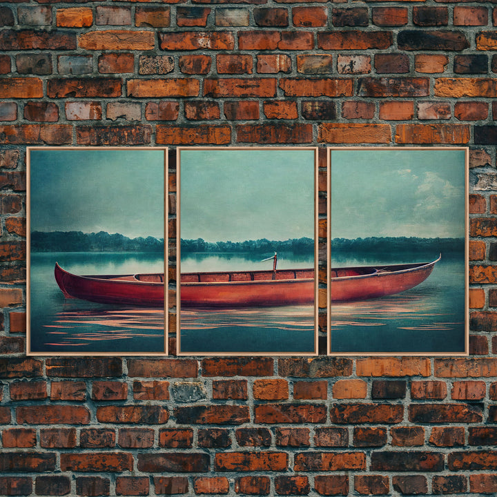 Skiff on the lake, Abandoned canoe, lake house art, 3 piece canvas, 3 piece wall art, cool unique living room art